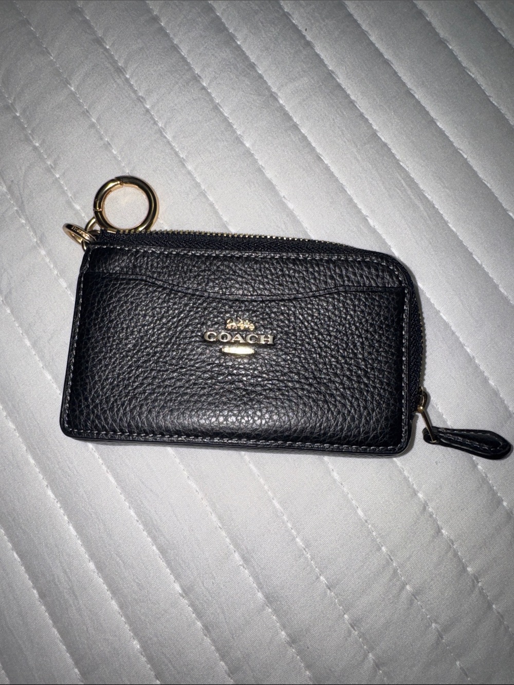 Coach Black Pebbled Leather Zip Card Holder with Gold Key Ring